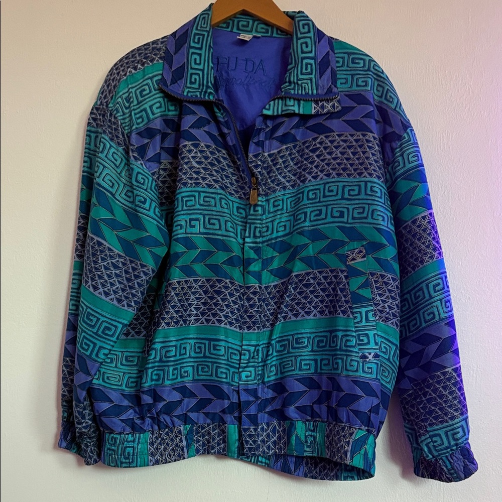 Vibrant Blue And Green Patterned Windbreaker - image 5